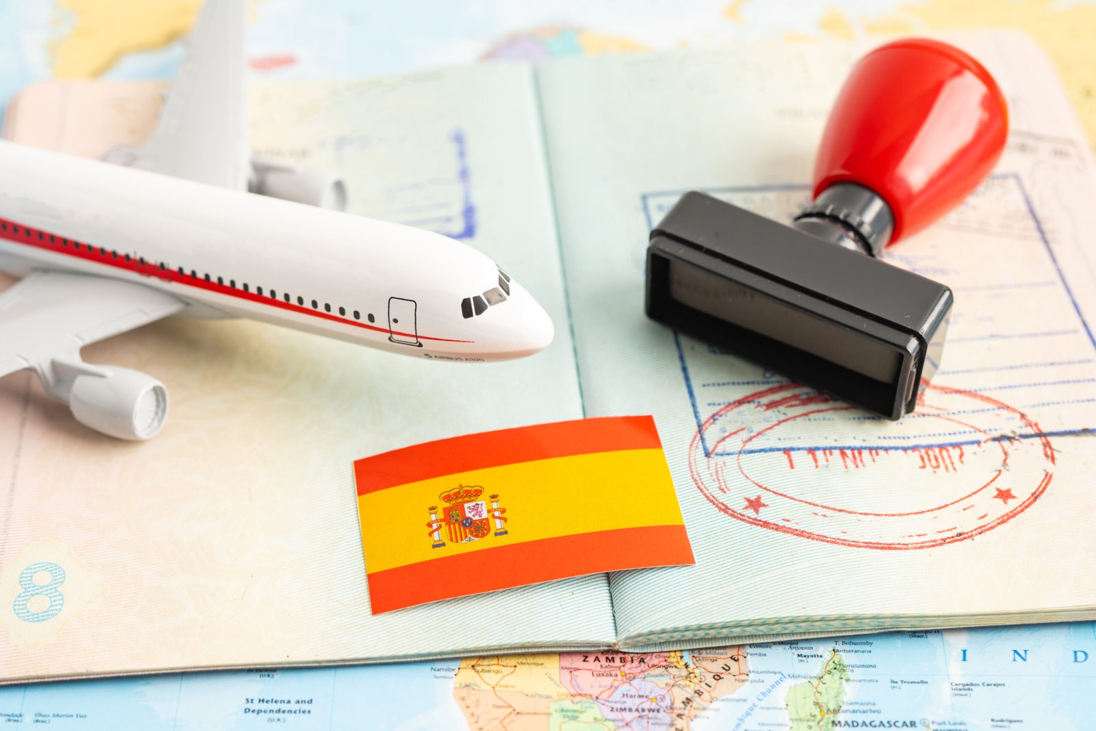approved stamp passport with spain flag document to immigration